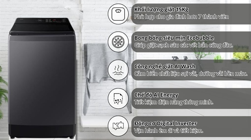 Máy giặt Samsung Inverter 15 kg WA80F15S5CSV thiết kế hiện đại