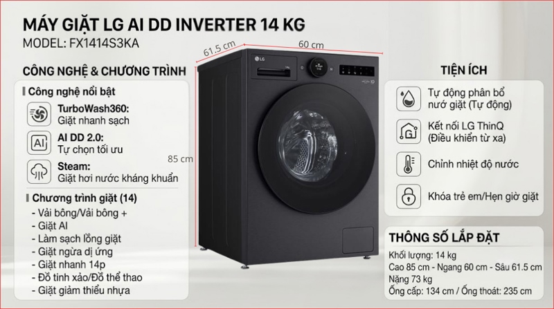 Máy giặt LG AI DD Inverter 14 kg FX1414S3KA 2025 - Ảnh 5