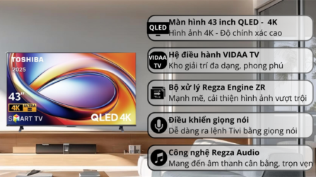 Smart Tivi QLED Toshiba AI 4K 43 inch 43M450RP 2025 - Việt Nam