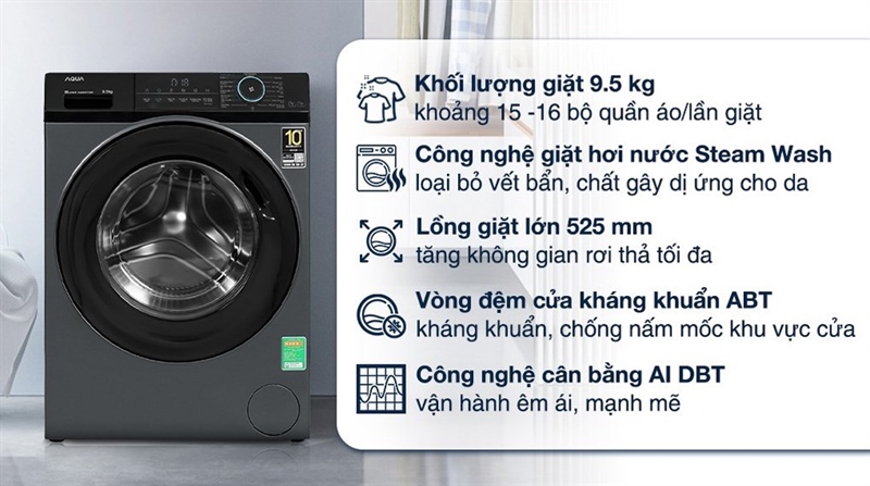 Máy giặt Aqua Inverter 9.5 kg AQD-A952J BK - Thiết kế sang trọng