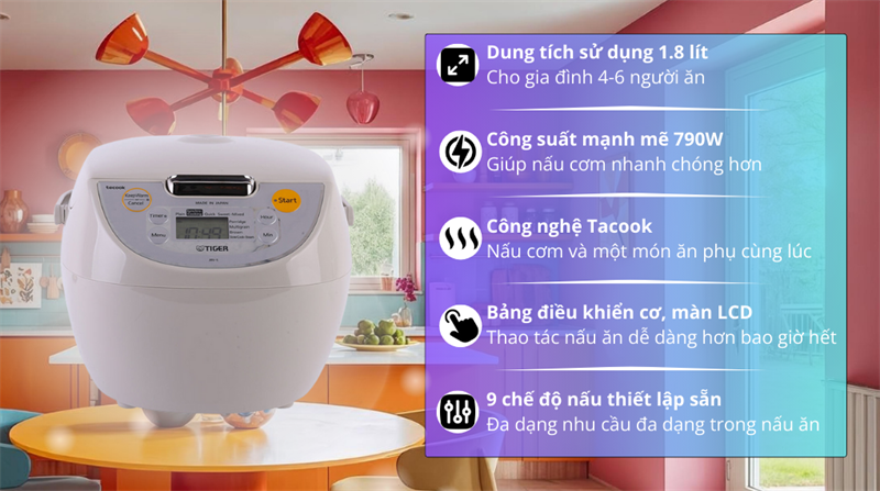 Nồi cơm điện tử Tiger 1.8 lít JBV-S18W thiết kế tinh tế