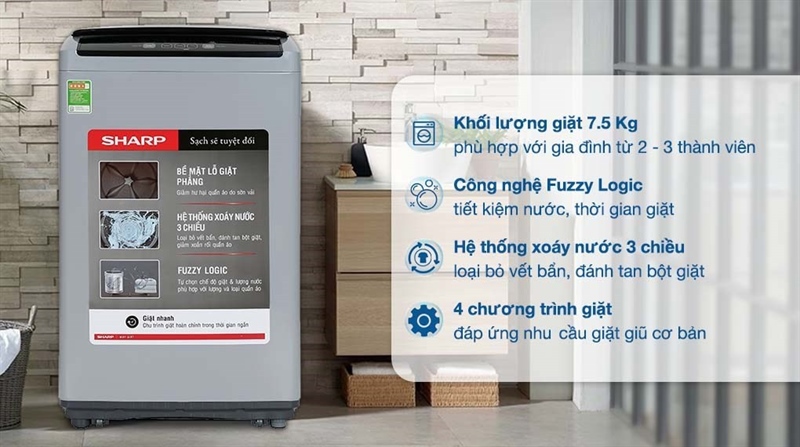 Máy giặt Sharp 7.5 Kg ES-Y75HV-S - Thiết kế nhỏ gọn sang trọng