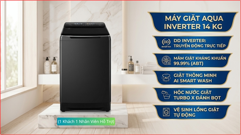 Máy giặt Aqua Inverter 14 kg AWM14-B2158L(B) thiết kế hiện đại