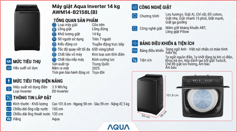 Tiện ích thông minh trên máy giặt Aqua 14kg