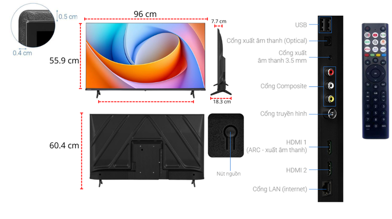 Smart Tivi Hisense FHD 43 inch 43A4Q 2025 - Cổng kết nối đa dạng tiện lợi