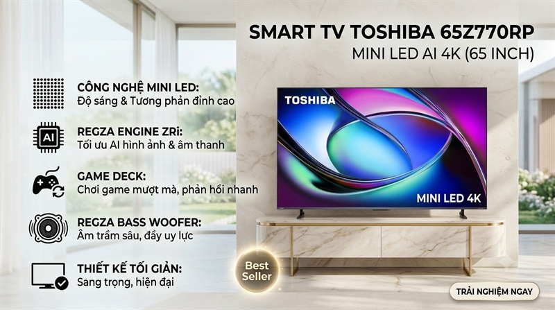 Smart Tivi Mini LED Toshiba AI 4K 65 Inch 65Z670RP 2025 - Thiết kế tràn viền kim loại sang trọng