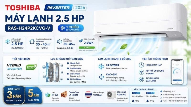 Máy lạnh Toshiba Inverter 2.5 HP RAS-H24P2KCVG-V 2026 - Thái Lan